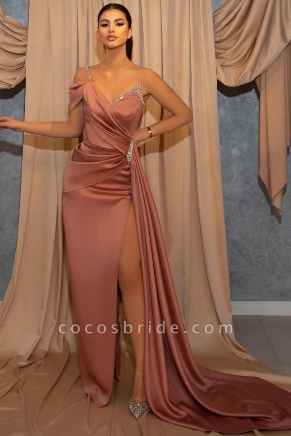 Elegant Long Mermaid One Shoulder High Slit Satin Prom Dress