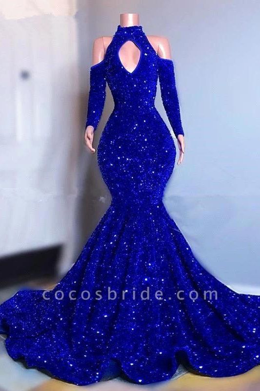 Elegant Sparkly Long Mermaid Halter Sequined Prom Dress with Sleeves