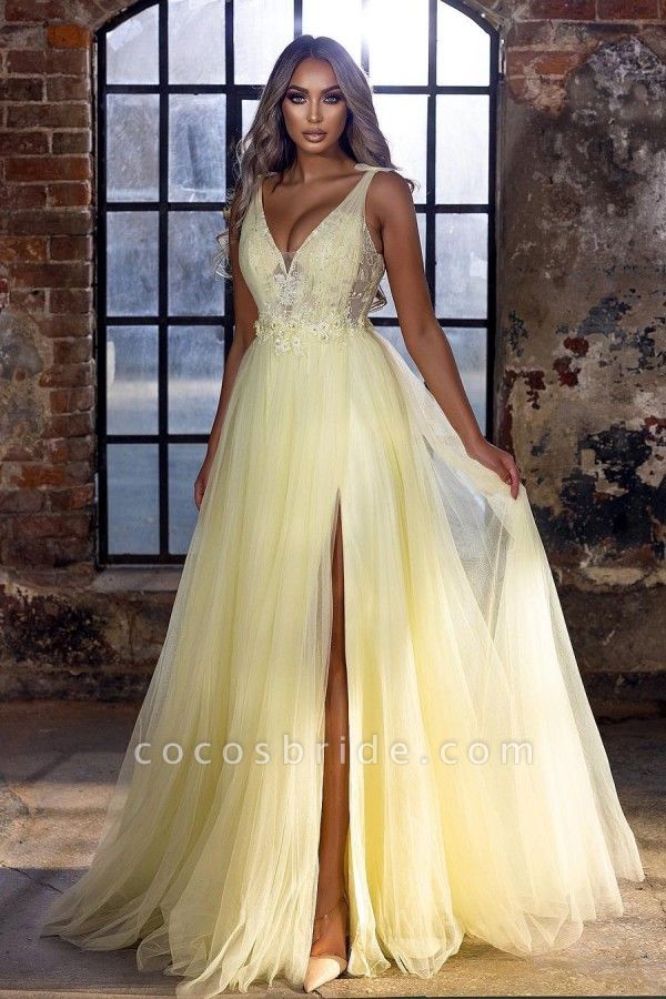 Stunning Deep V-neck Appliques Lace A-Line Tulle Prom Dress With Side Slit