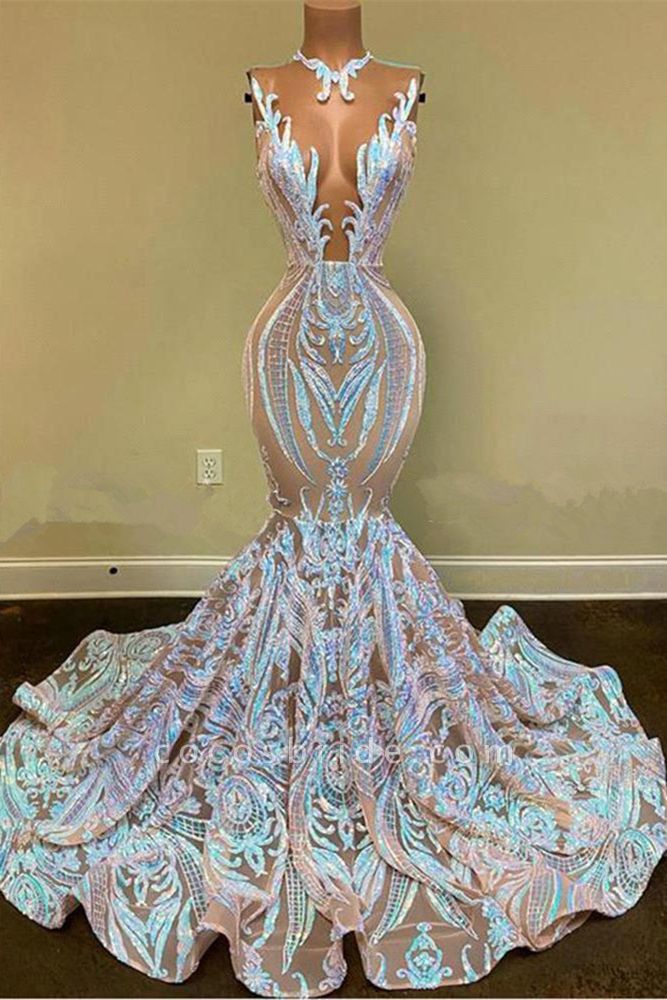 Elegante funkelnde lange Meerjungfrau-Glitter-Blumenspitze-Abschlussball-Kleider