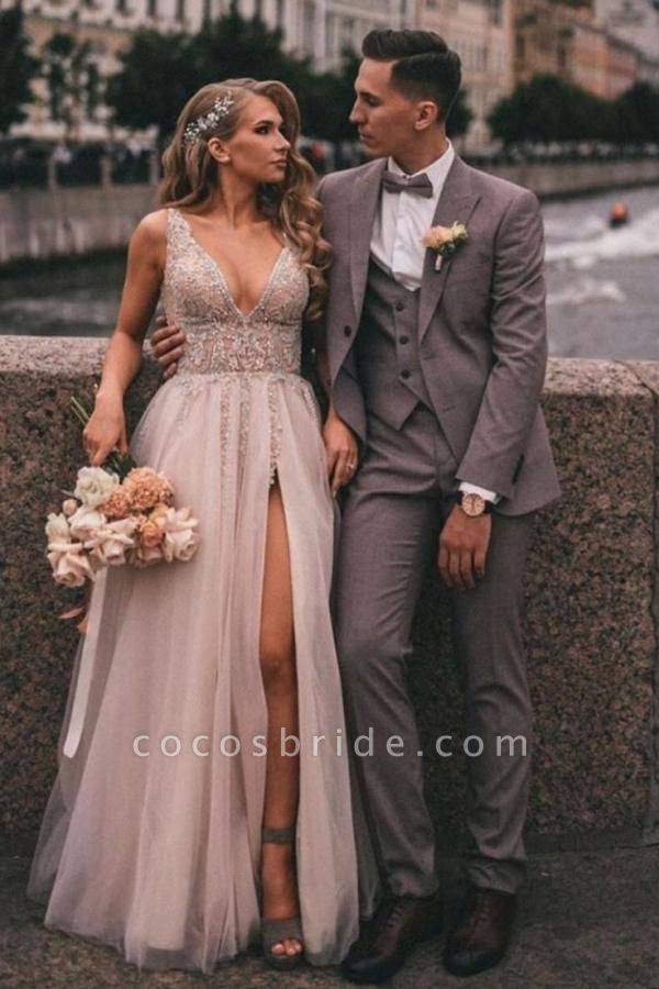 Boho Long A-line V-neck Tulle Appliques Lace Wedding Dress with Slit