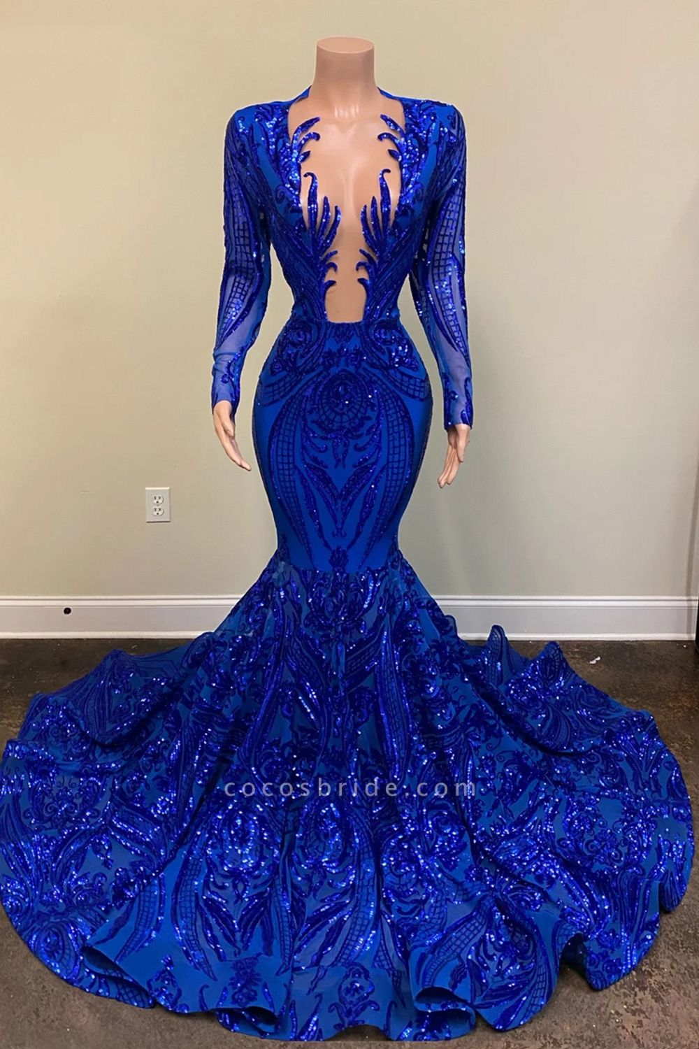Sexy Königsblaue lange Meerjungfrau-Abschlussballkleider mit V-Ausschnitt und Ärmeln