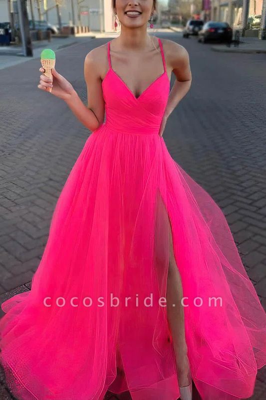 Stunning Spaghetti Straps Deep V-neck A-Line Tulle Prom Dress With Side Slit