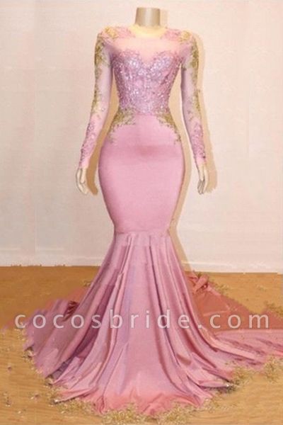 Pink Appliques Long Sleeves Prom Dresses | 2021 Gorgeous Mermaid Evening Gowns