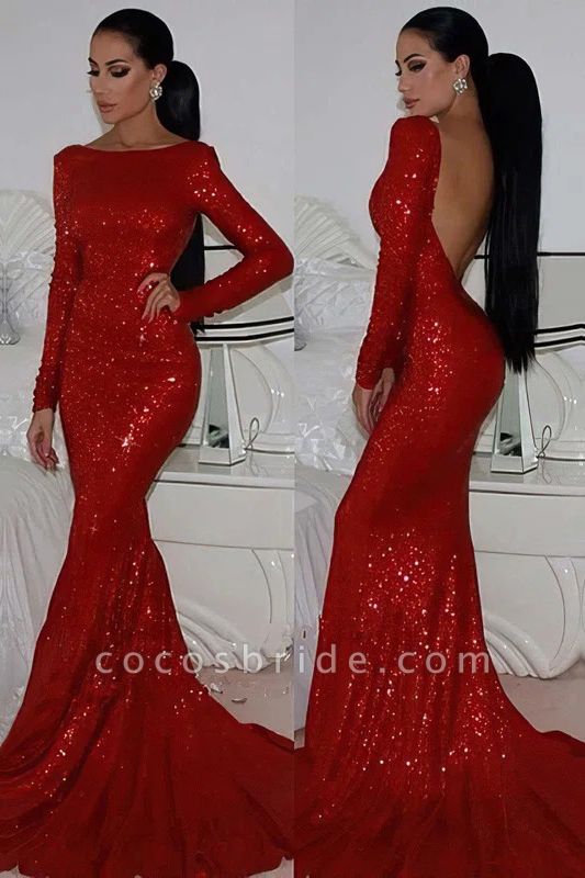 Glamorous Sequins Bateau Long Sleeves Backless Mermaid Prom Dress