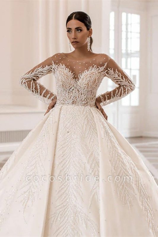 Gorgeous Long Sleeves Bateau Crystal Pearl A-Line Satin Wedding Dress