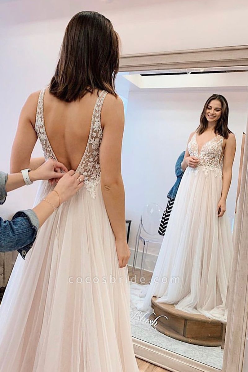 V-neck Wide Straps Appliques Lace Tulle Backless A-Line Ruffles Wedding Dress