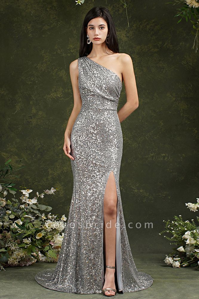 Gorgeous Sequins One Shoulder Mermaid Bridesmaid Dress With Side Slit