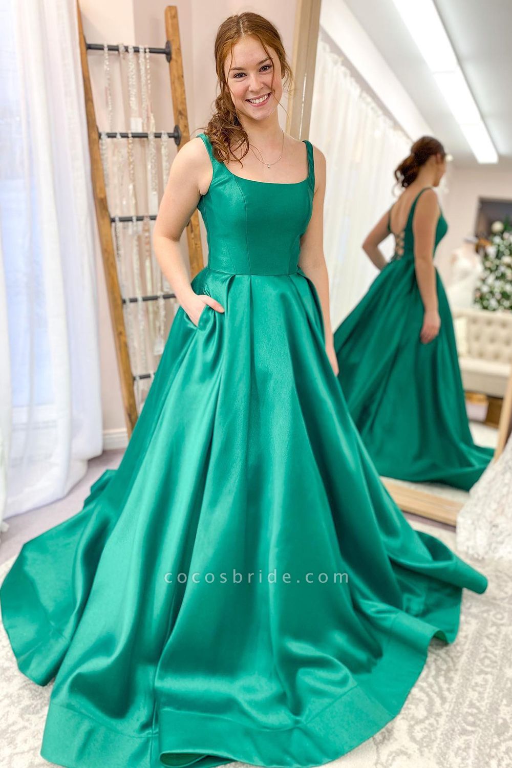 Classy A-line Spaghetti Straps Floor-length Ruched Satin Prom Dress With Pockets