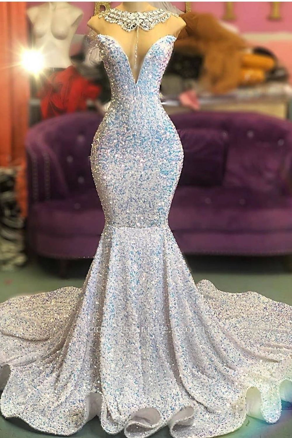 Luxury Long Bateau Beading Crystal Sequins Floor-length Mermaid Prom Dress