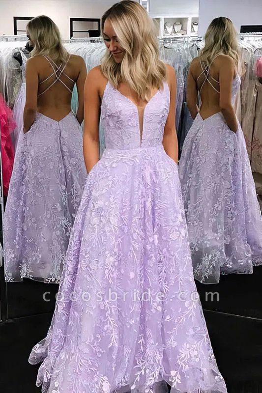 Amazing Spaghetti Straps Appliques Lace Tulle A-Line Prom Dress With Pockets