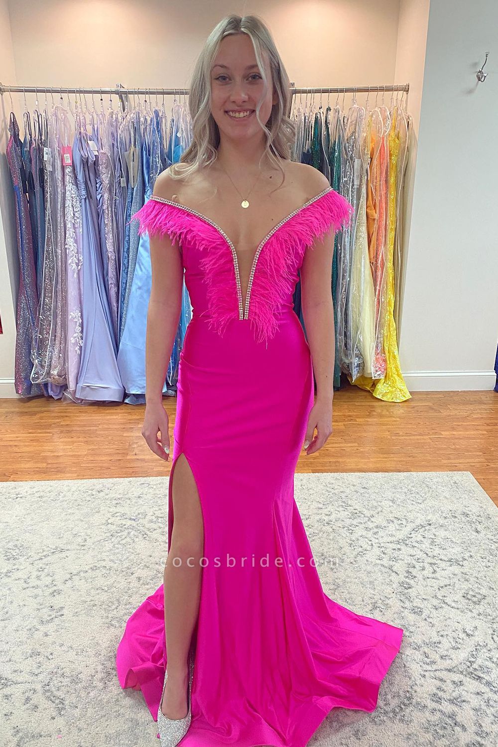 Charming Fuchsia Feather Off-the-shoulder Floor-length Mermaid Prom Dress With Slit