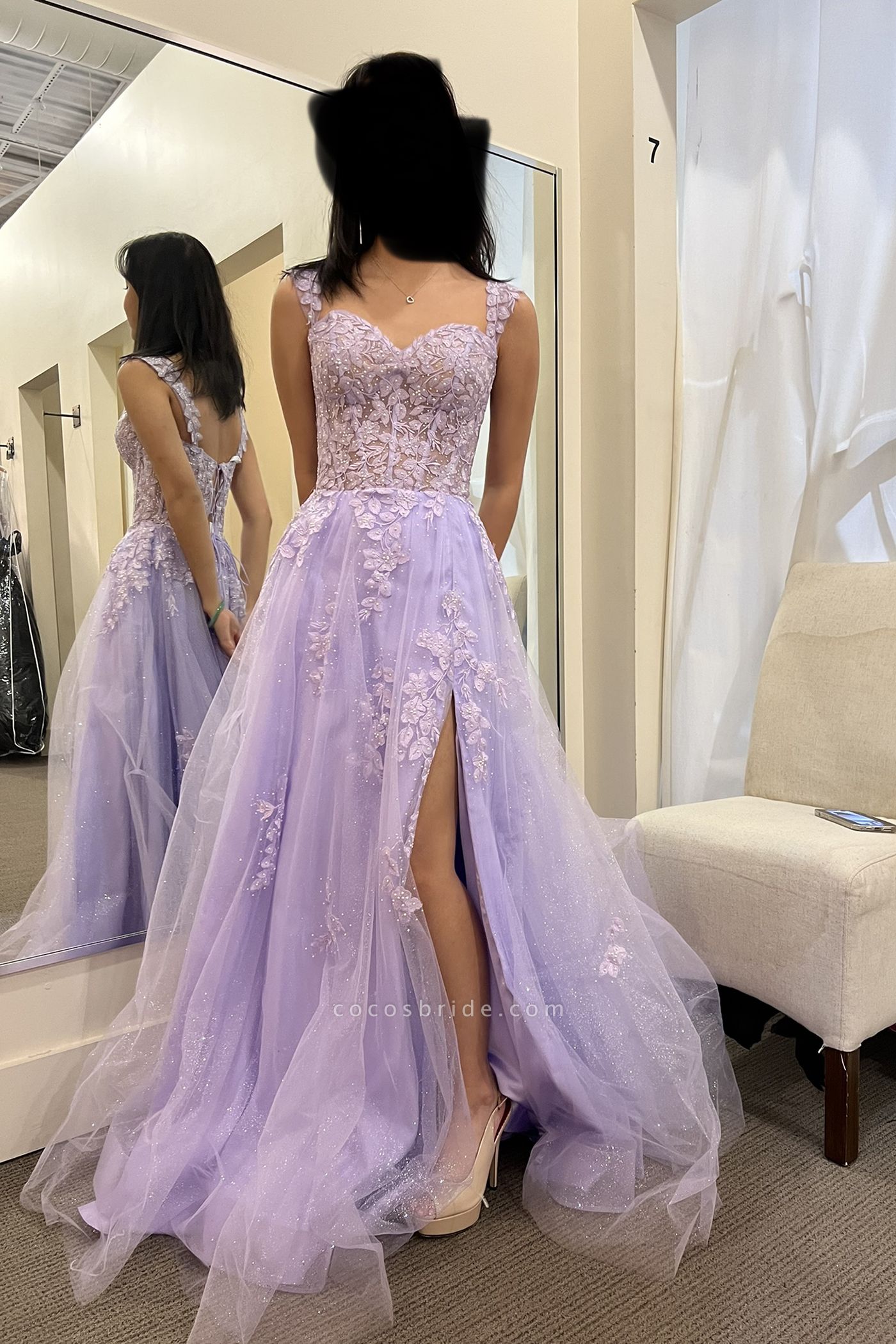 Delicate Sweetheart A-Line Appliques Lace Tulle Backless Prom Dress With Side Slit