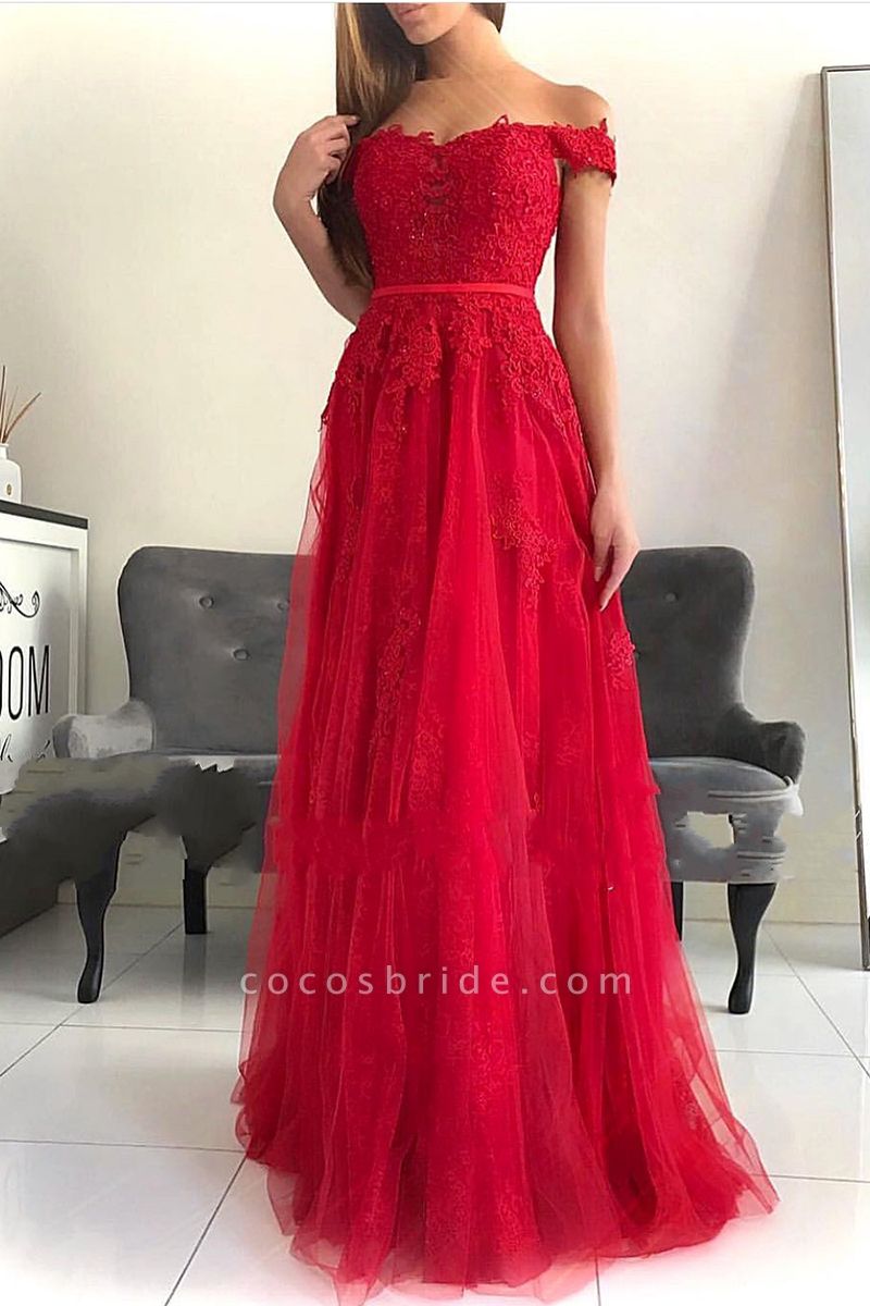 Classy Off-the-shoulder Lace A-Line Ruffles Floor-length Prom Dress