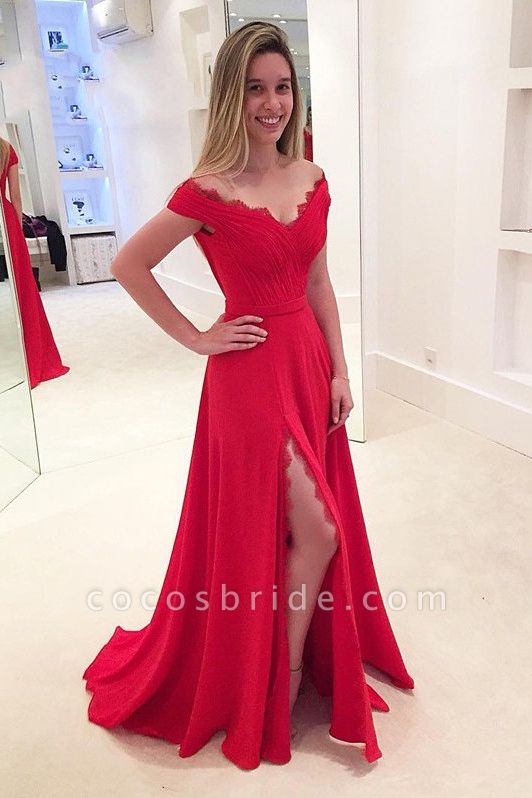 Classy Off-the-shoulder A-Line Floor-length Ruffles Prom Dress With Side Slit