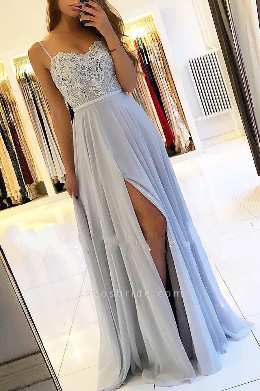 A-Line Spaghetti Straps Lace Floor-length Ruffles Prom Dress With Side Slit