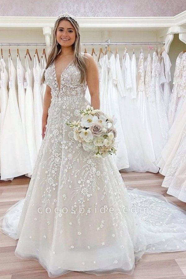 Luxuriöse lange A-Linie V-Ausschnitt Spitze Brautkleider mit offenem Rücken und Applikationen