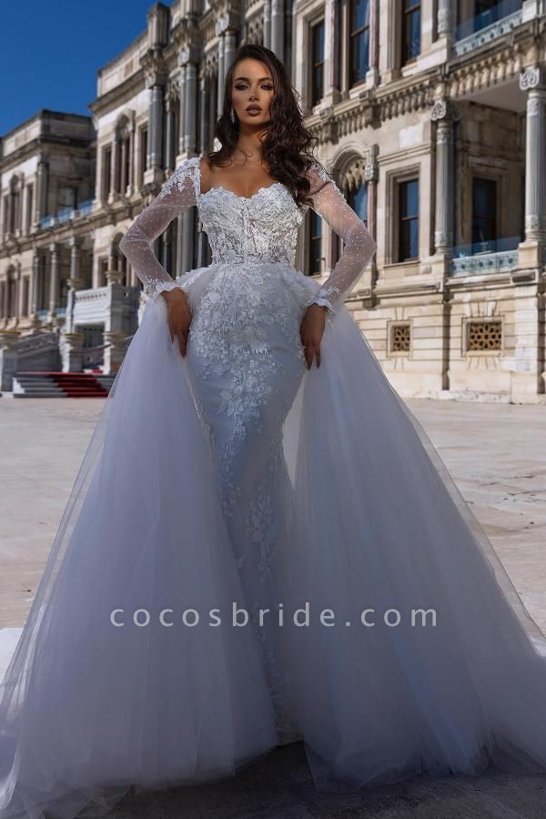 Gorgeous Sweetheart Long Sleeve Lace Mermaid Wedding Dress With Detachable Train