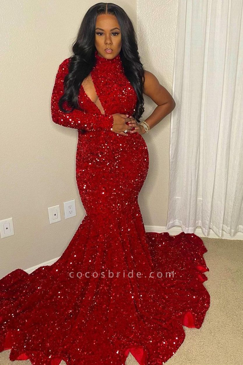 Sexy Red Long Mermaid High Neck Sequined Formal Prom Dress with Sleeves