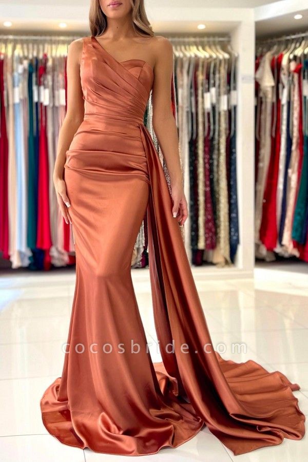 Simple Long Mermaid One Shoulder Floor Length Satin Prom Dress