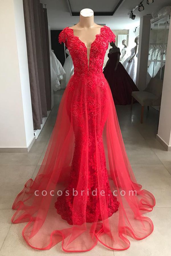 Glamorous V-neck Lace Mermaid Floor-length Prom Dress With Tulle