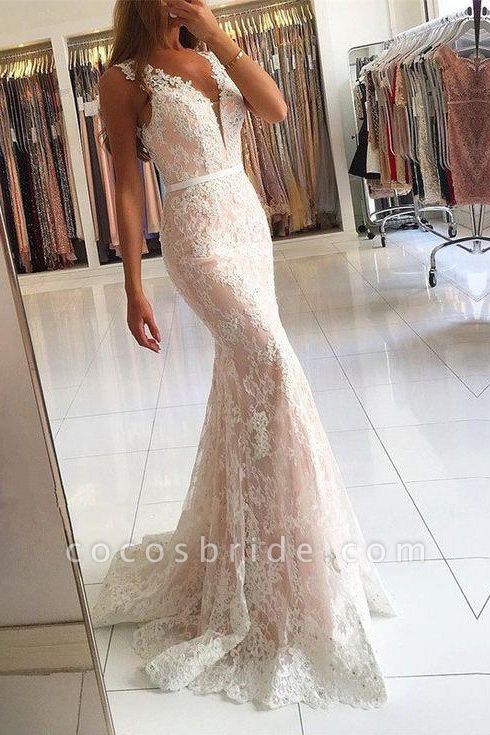 Elegant V-neck Wide Straps Lace Floor-length Mermaid Prom Dress