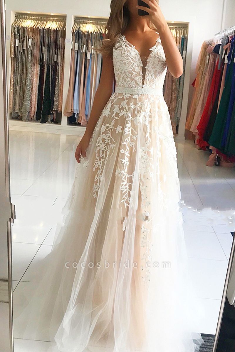 Delicate V-neck Open Back Lace Floor-length A-Line Ruffles Prom Dress