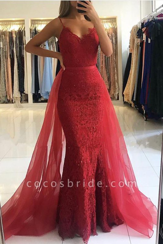 Spaghetti Straps V-neck Lace Floor-length Mermaid Prom Dress With Tulle Train