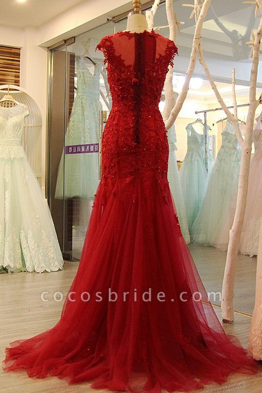 Glamorous Bateau Appliques Tulle Sequins Mermaid Floor-length Prom Dress