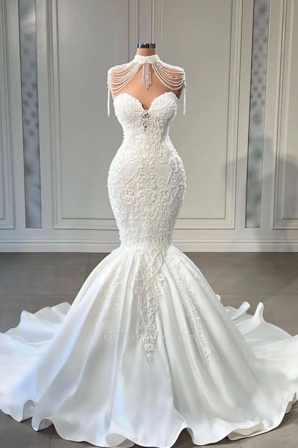 Luxury Long Mermaid Lace Sweetheart Satin Wedding Dress | Cocosbride