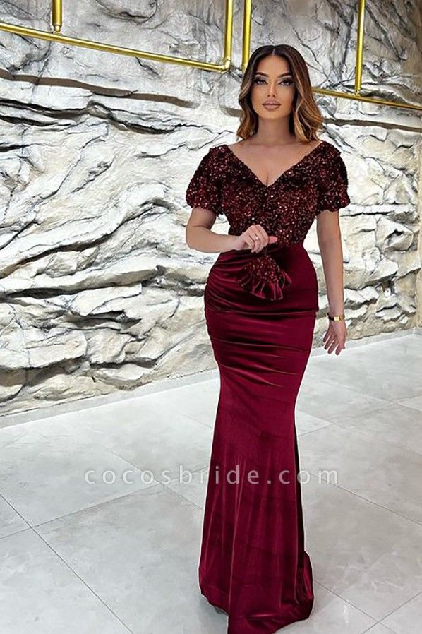 Gorgeous Long Mermaid V-neck Velvet Glitter Prom Dress with Sleeves