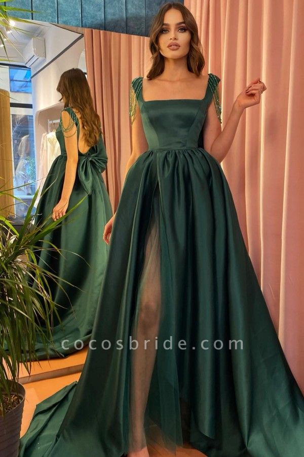Unique Long A-line Dark Green Front Slit Open Back Prom Dress With Bow