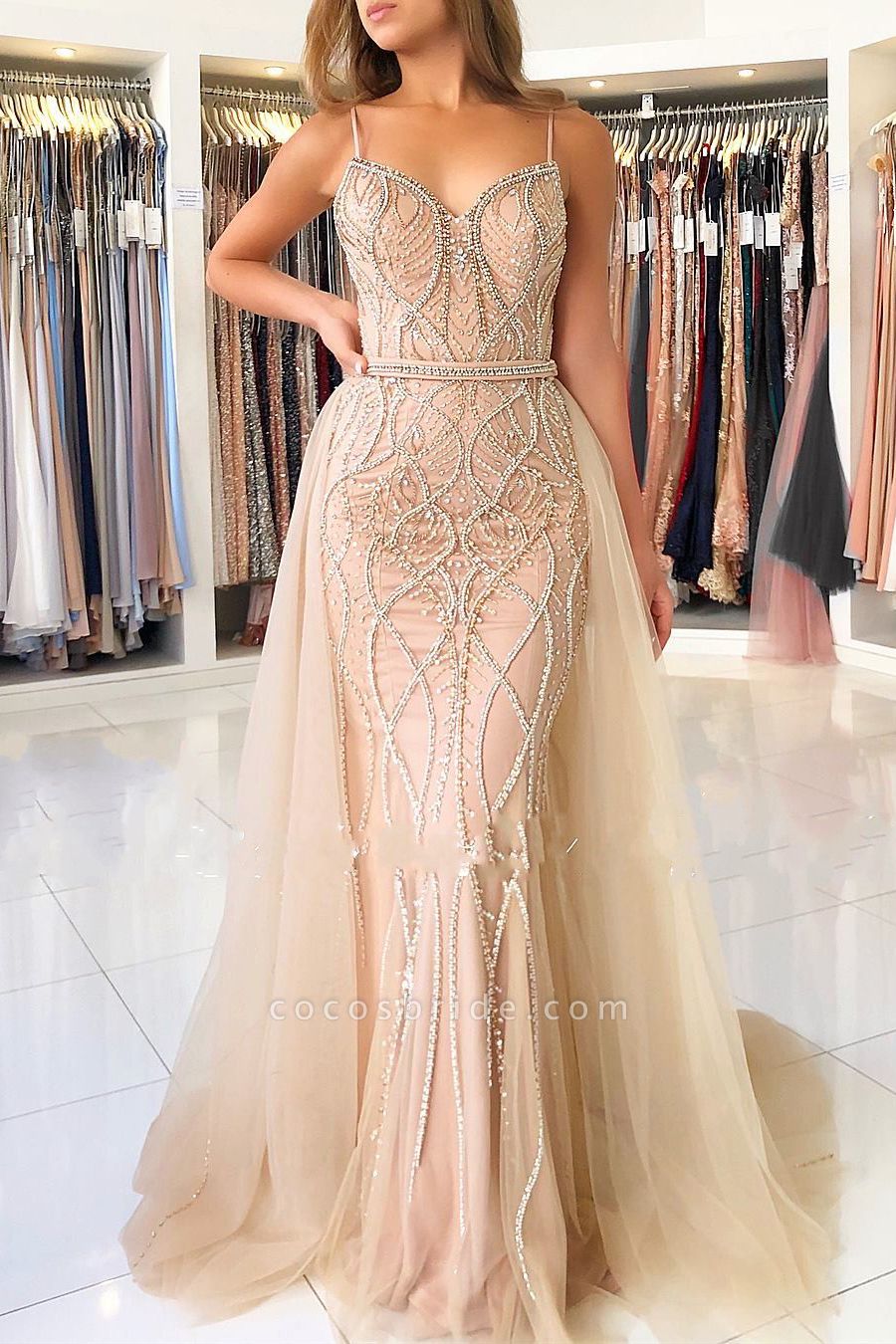 Spaghetti Straps Sweetheart Beading Mermaid Prom Dress With Tulle Train