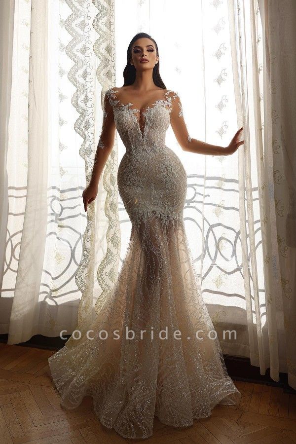 Long Mermaid Sweetheart Tulle Lace Wedding Dresses with Sleeves