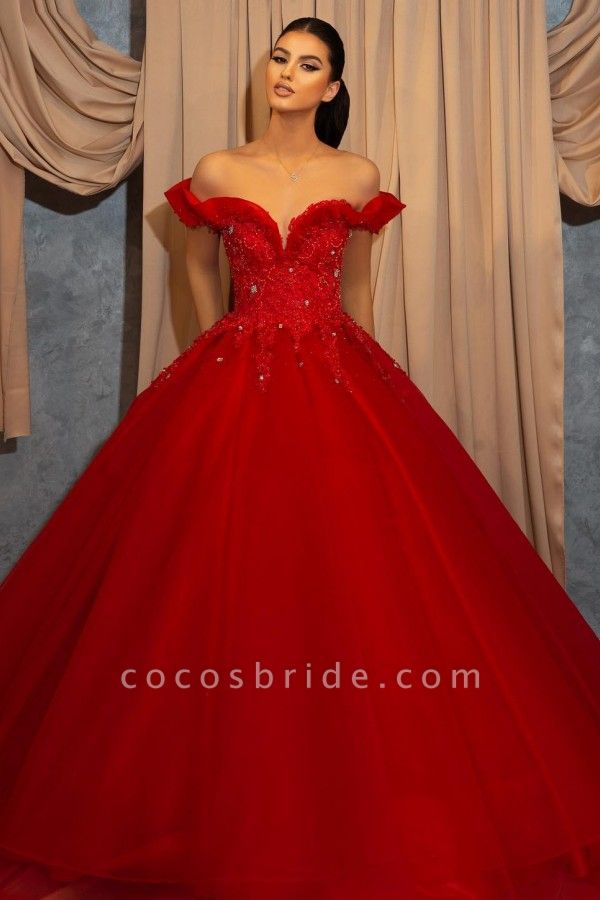 Long Ball Gown Off the Shoulder Tulle Lace Evening Formal Prom Dresses
