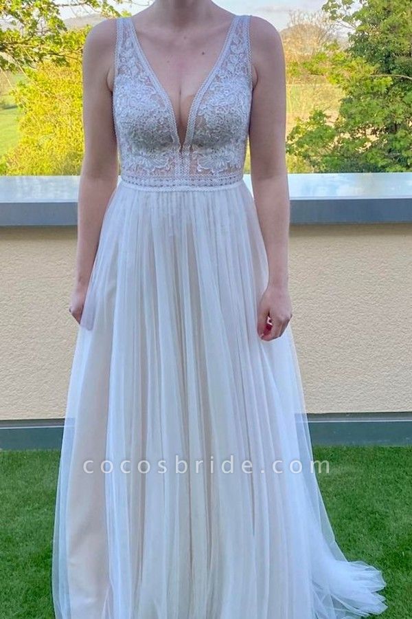 Elegant Long A-line V-neck Tulle Lace Backless Wedding Dresses