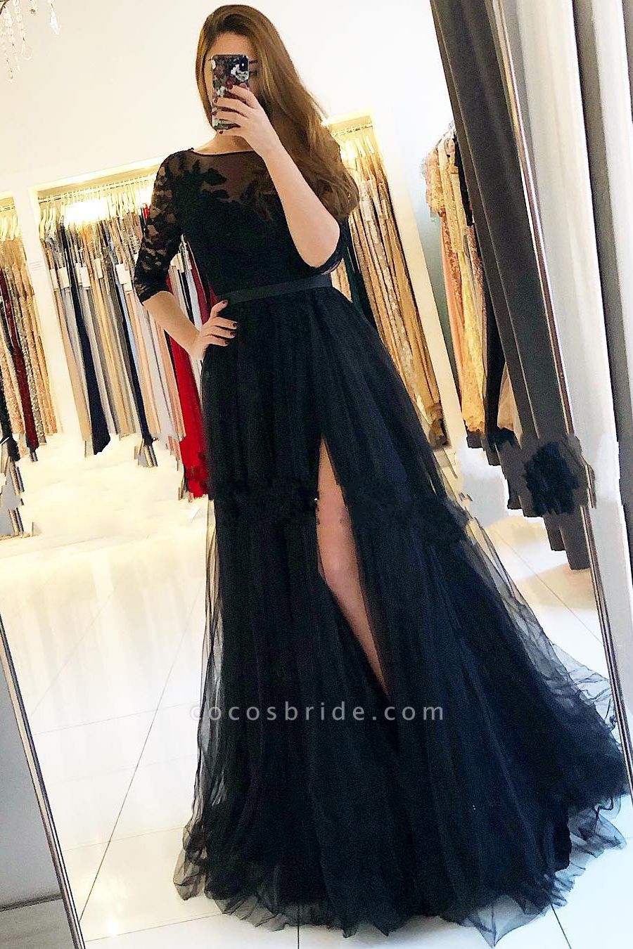 Bateau Long Sleeves Lace A-Line Ruffles Floor-length Prom Dress With Slit
