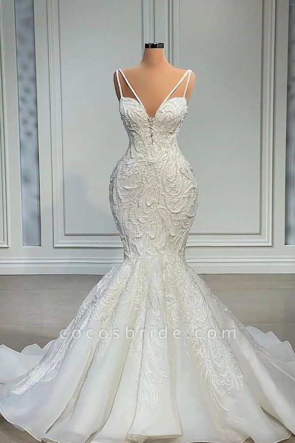 Modest Long Mermaid V-neck Lace Wedding Dresses with Beads | Cocosbride