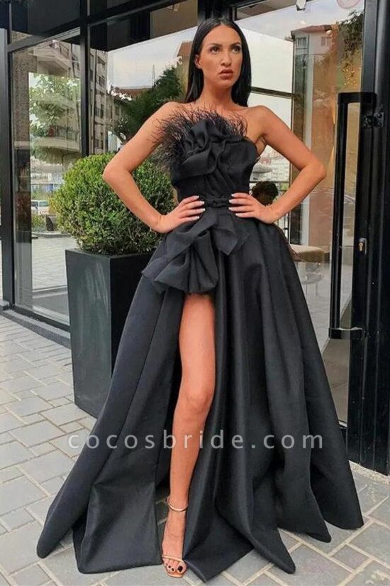 Vintage Black Long A-line Strapless Ruffles Formal Prom Dresses with Slit
