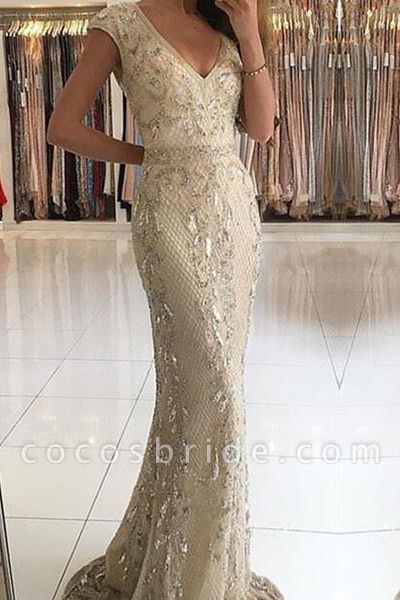 Glamorous Deep V-neck Wide Straps Beading Floor-length Mermaid Prom Dress