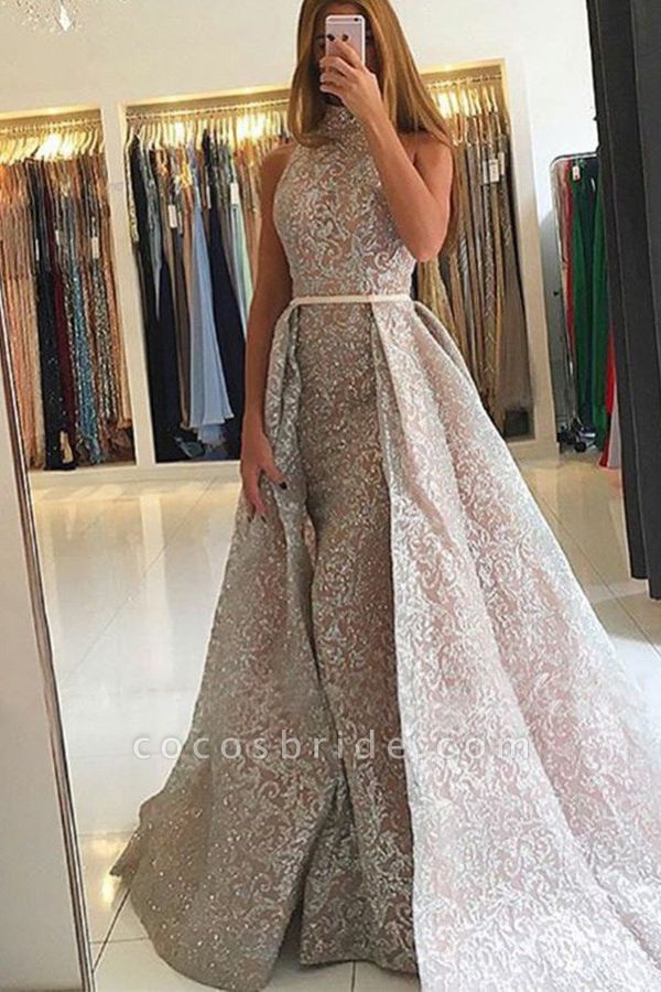 Brilliant High Neck Sequins Floor-length Mermaid Prom Dress With Train