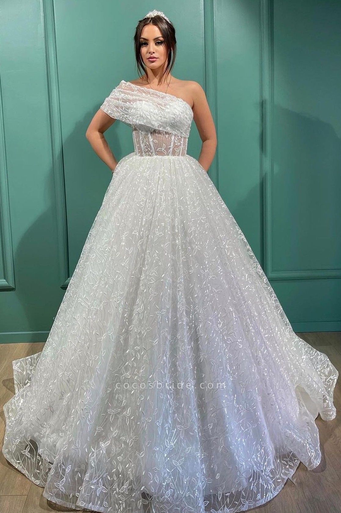 Gorgeous Long Princess One Shooulder Glitter Wedding Dress