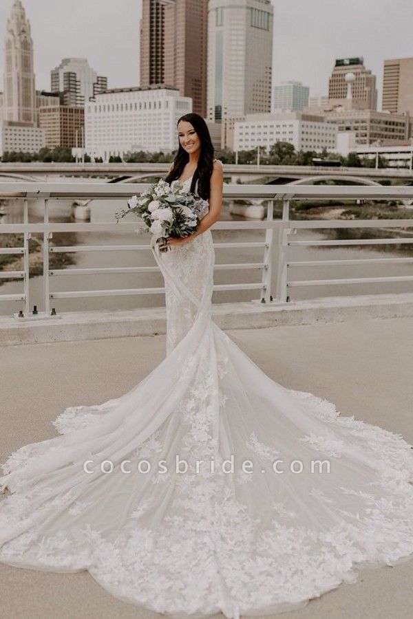 Elegant Long Mermaid V-neck Spaghetti Straps Lace Backless Wedding Dress