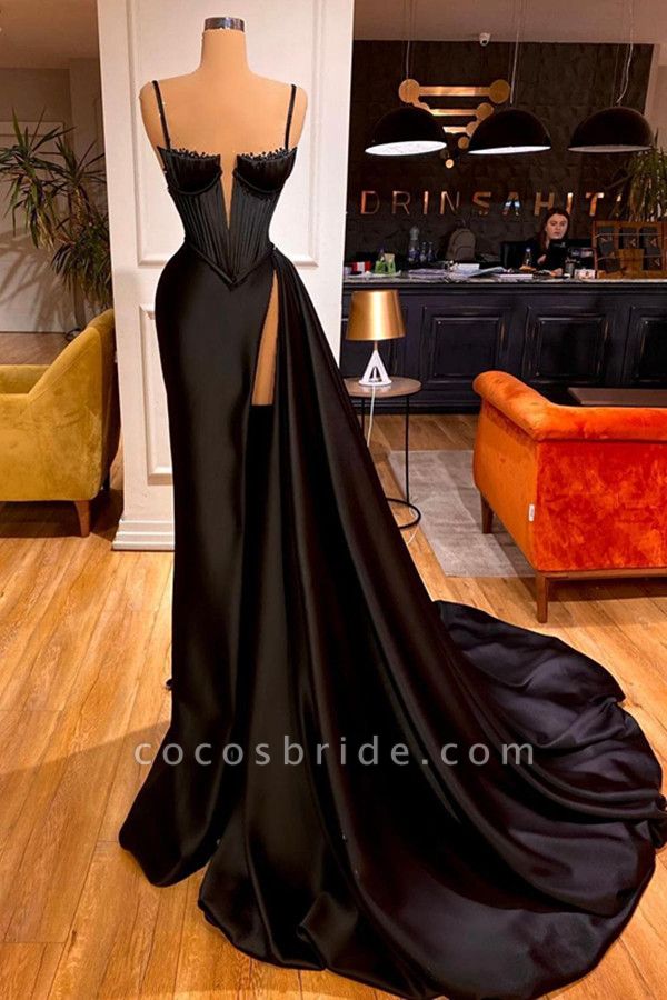 Black Long Mermaid Spaghetti Straps Stretch Satin Prom Dress with Slit