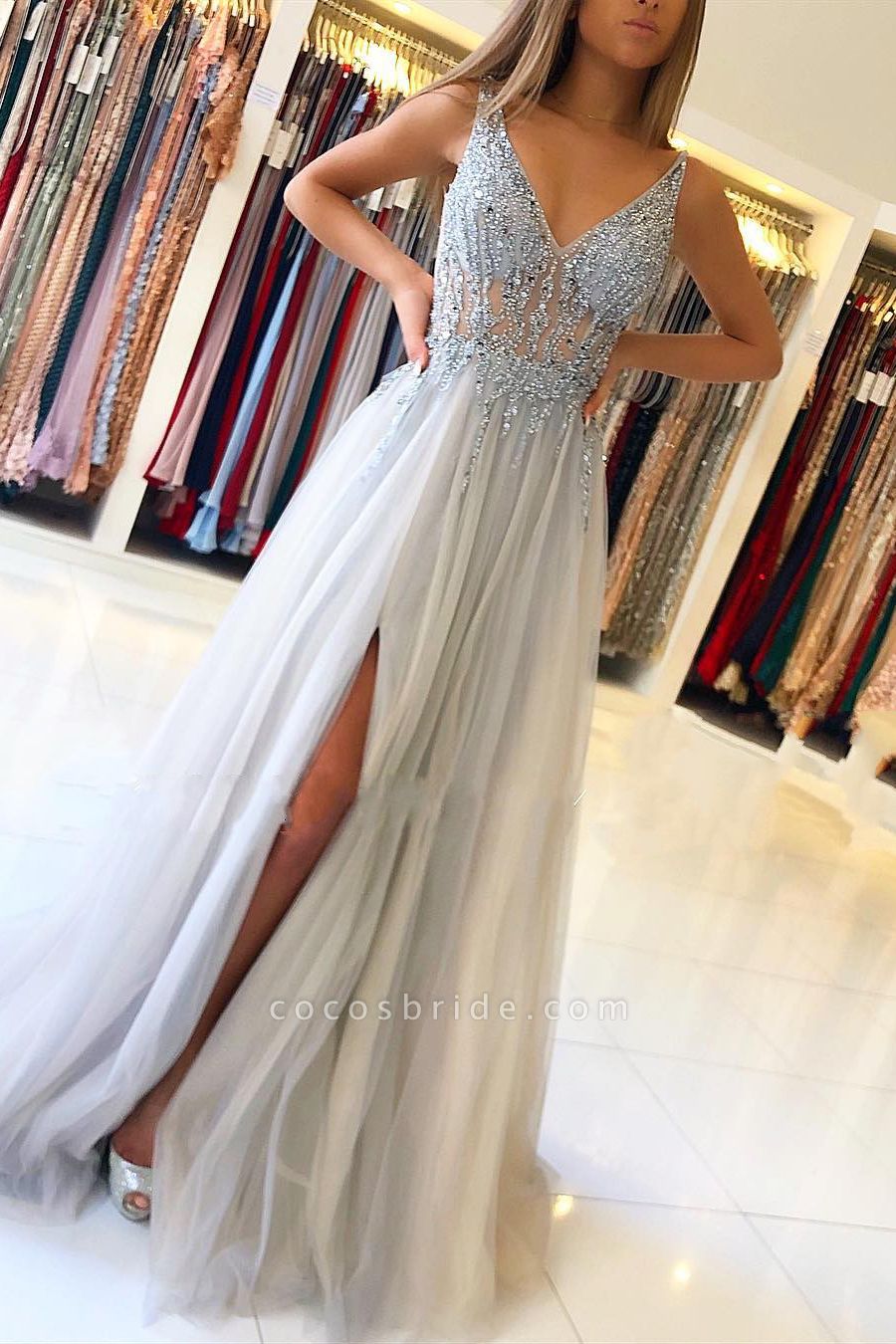 Stylish Deep V-neck Beading A-Line Ruffles Prom Dress With SIde Slit