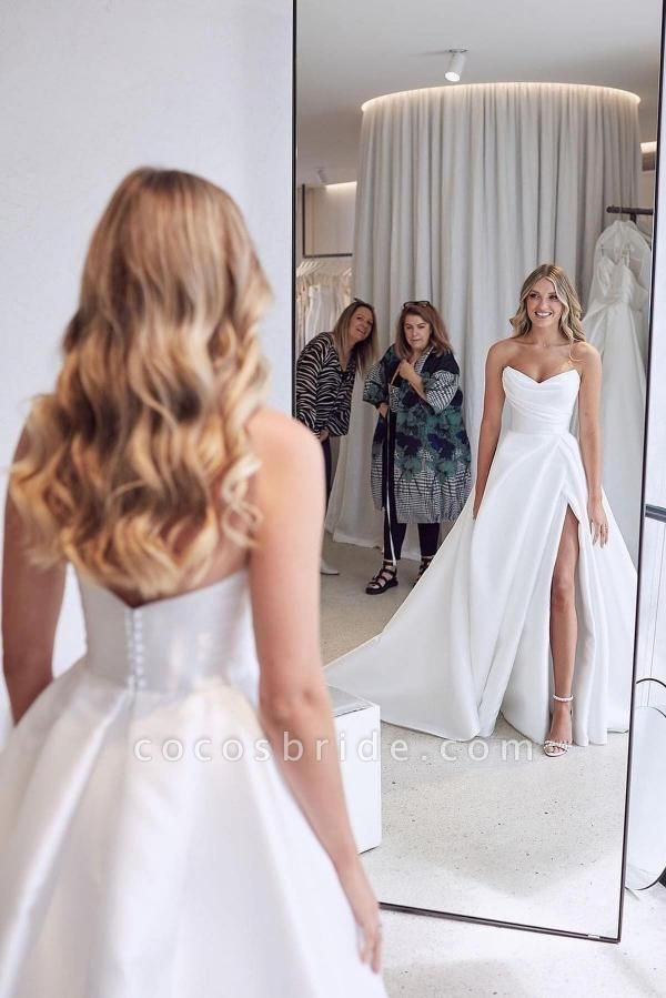 Amazing Sweetheart Satin A-Line Floor-length Ruffles Wedding Dress With Side Slit