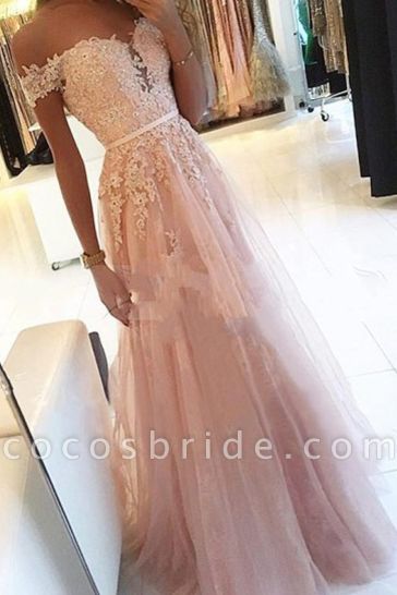 Elegant Off-the-shoulder Appliques Lace A-Line Ruffles Floor-length Prom Dress