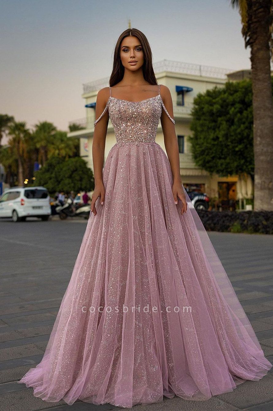 Sparkly Long A-line Spaghetti Strapes Sequined Tulle Formal Prom Dress