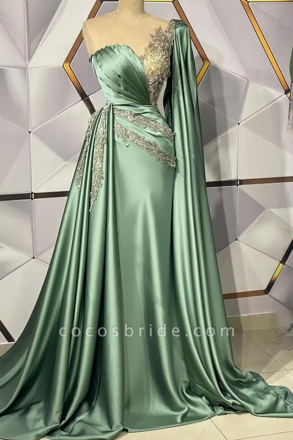 Long Mermaid Sweetheart Appliques Beading Satin Prom Dress With Side Train