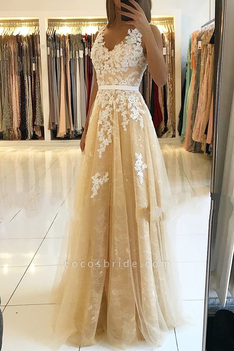 Stunning V-neck Open Back Lace Floor-length A-Line Ruffles Prom Dress